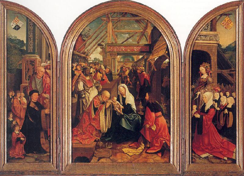 Oostsanen, Jacob Cornelisz van Tryptych with the Adoration of the Magi, Donors, and Saints Spain oil painting art